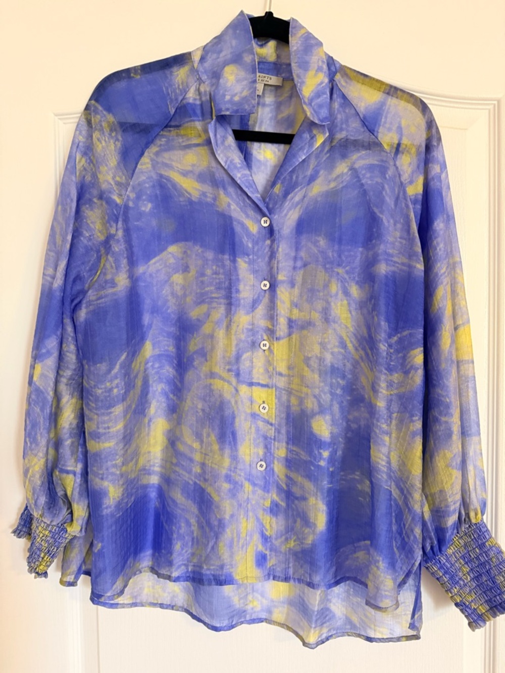 ALLSAINTS Sheer Button Front Blouse Blue Yellow Abstract Print Size US 2 XS